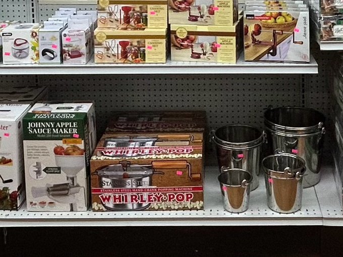 Canning and food-prep tools, including an apple sauce maker and a popcorn popper